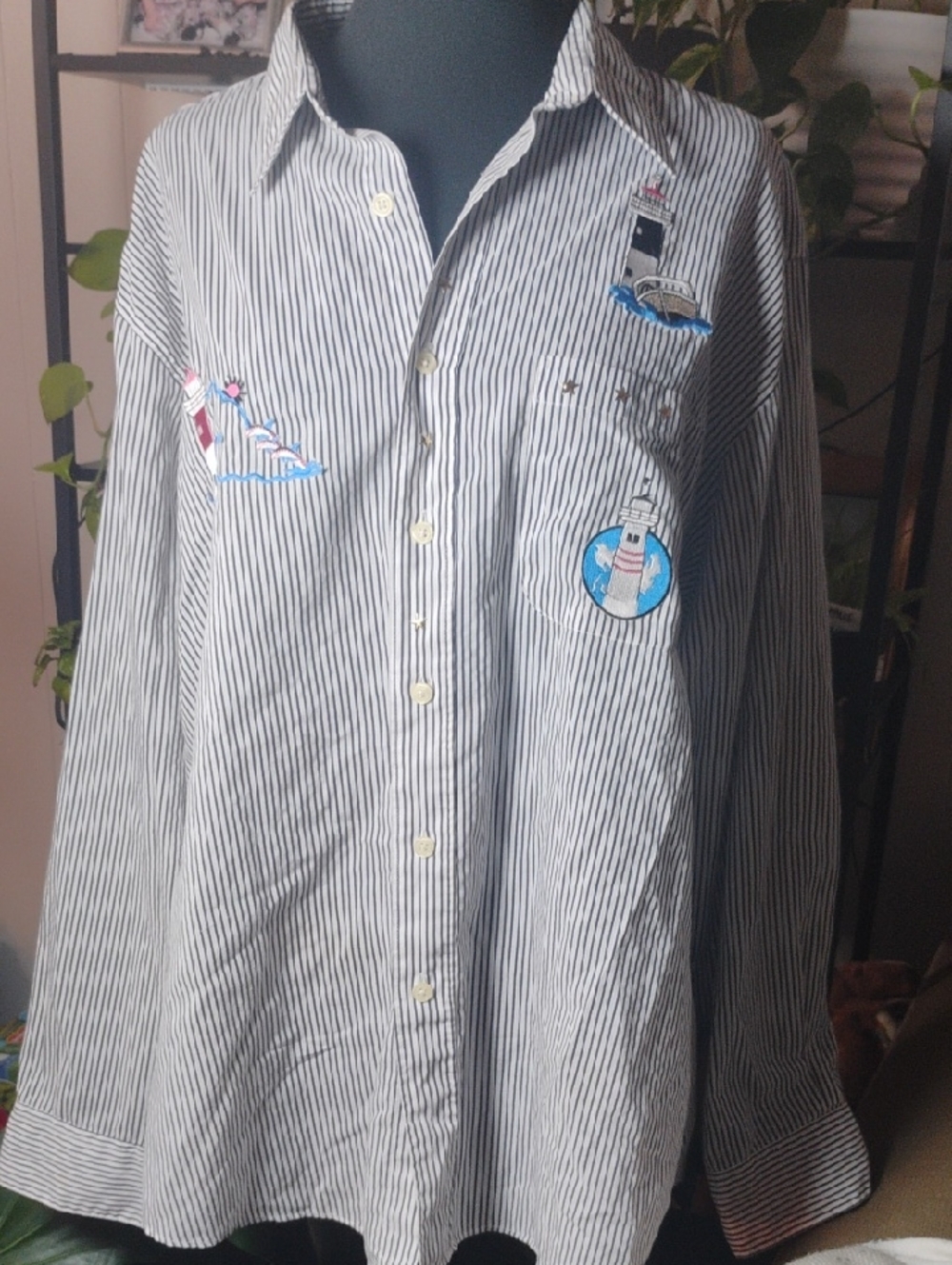 Womens Black & White Striped Button-Down Shirt with Nautical Embroidery